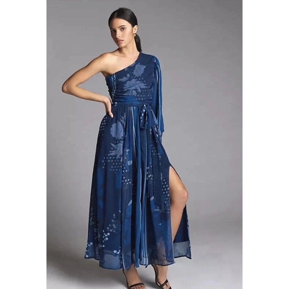 Nikita Mhaisalkar Anthropologie One Shoulder Maxi formal Dress Size M Slit navy